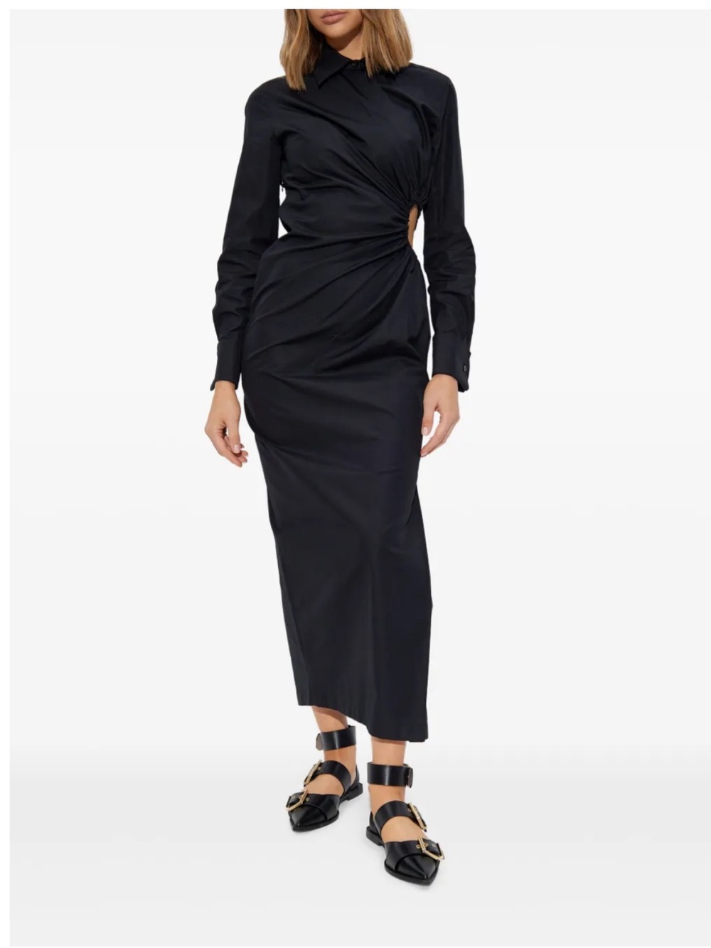 MaxMara Etere Cotton Cutout Long-Sleeve Twisted-Waist draped-detailing midi dres